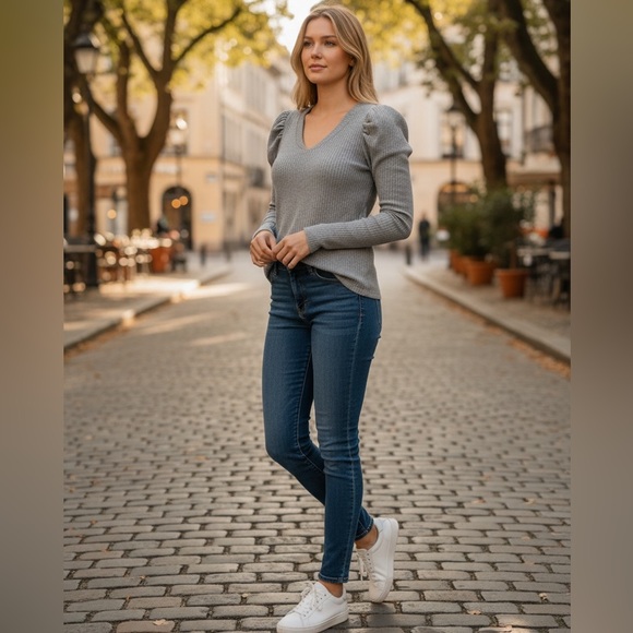 Democracy Tops - 🔥SALE Democracy NWOT Denim Blue Super soft Puff Sleeve V-Neck Ribbed Women's Top